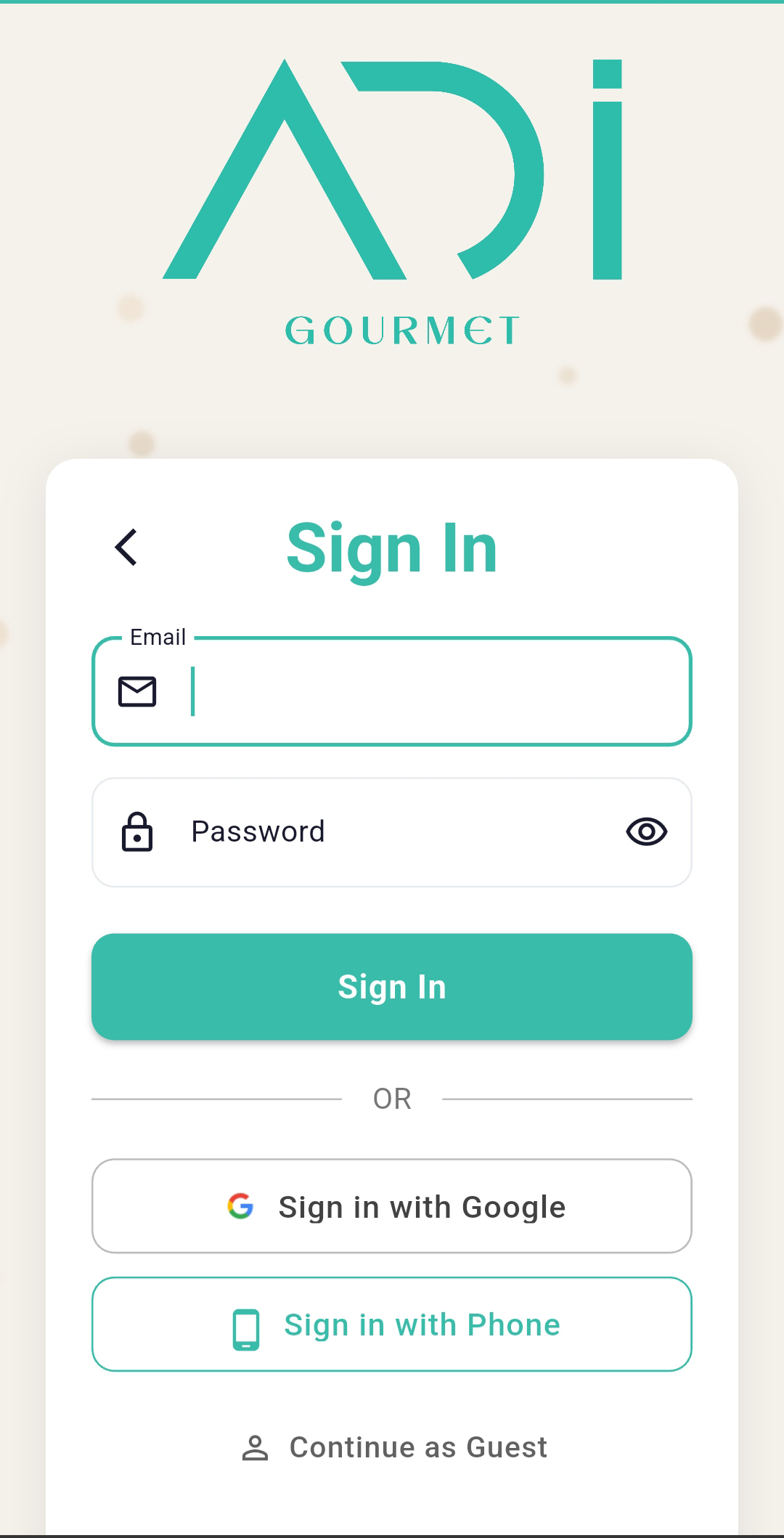 ADI sign in screen with email, Google, phone and guest options
