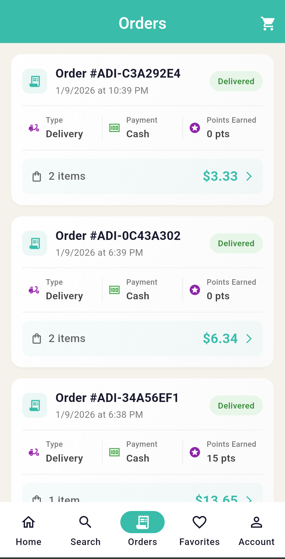 ADI order history showing delivered orders and points earned