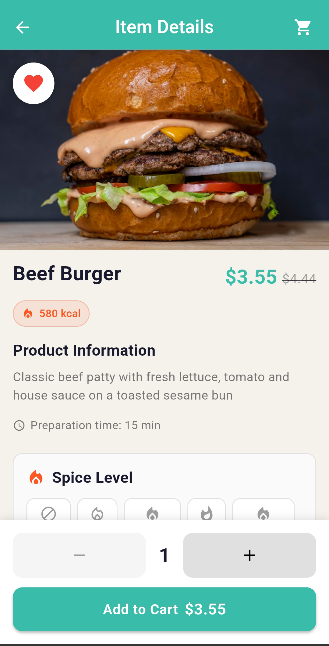 ADI item details for a beef burger with price, calories and spice level