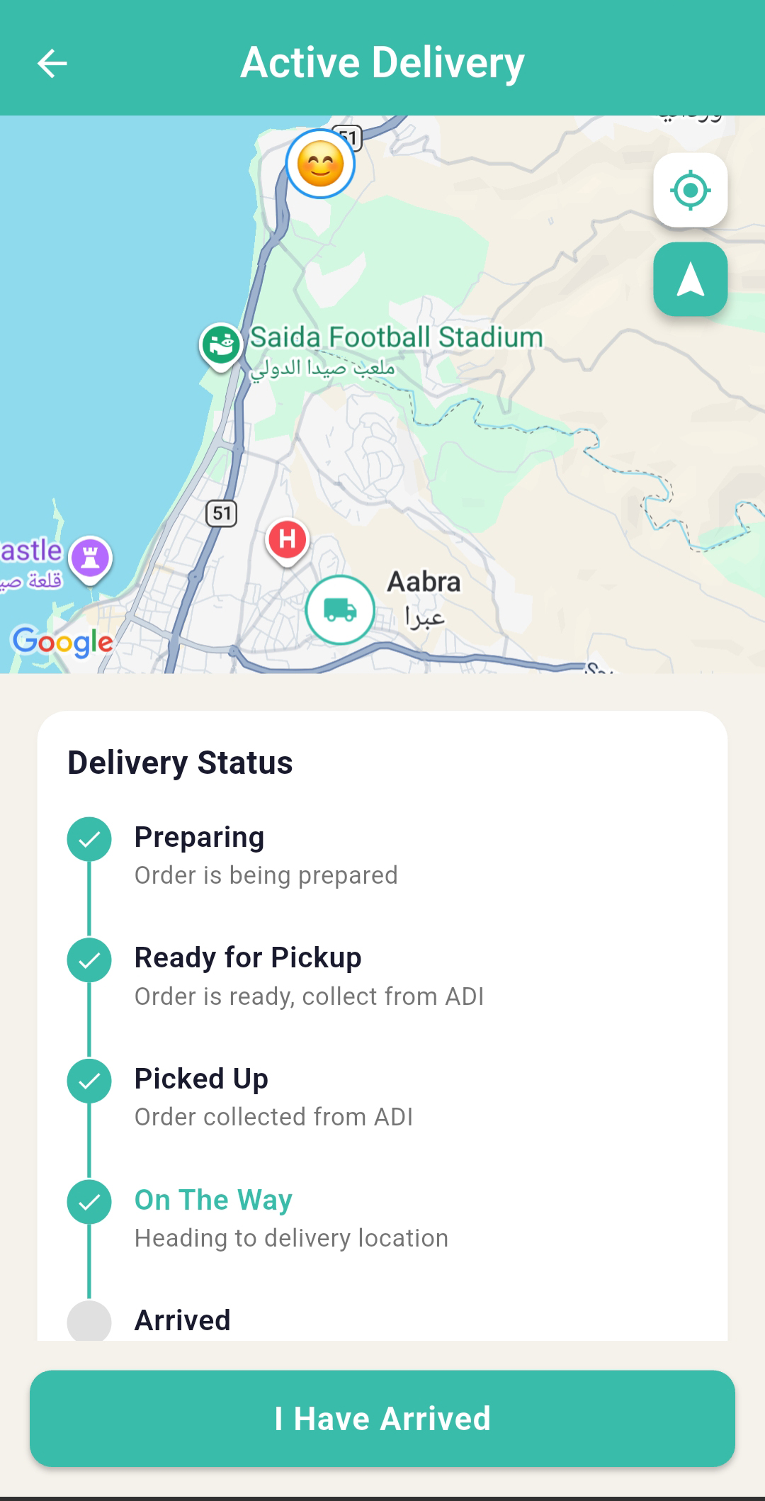 ADI active delivery with a live map and delivery status timeline