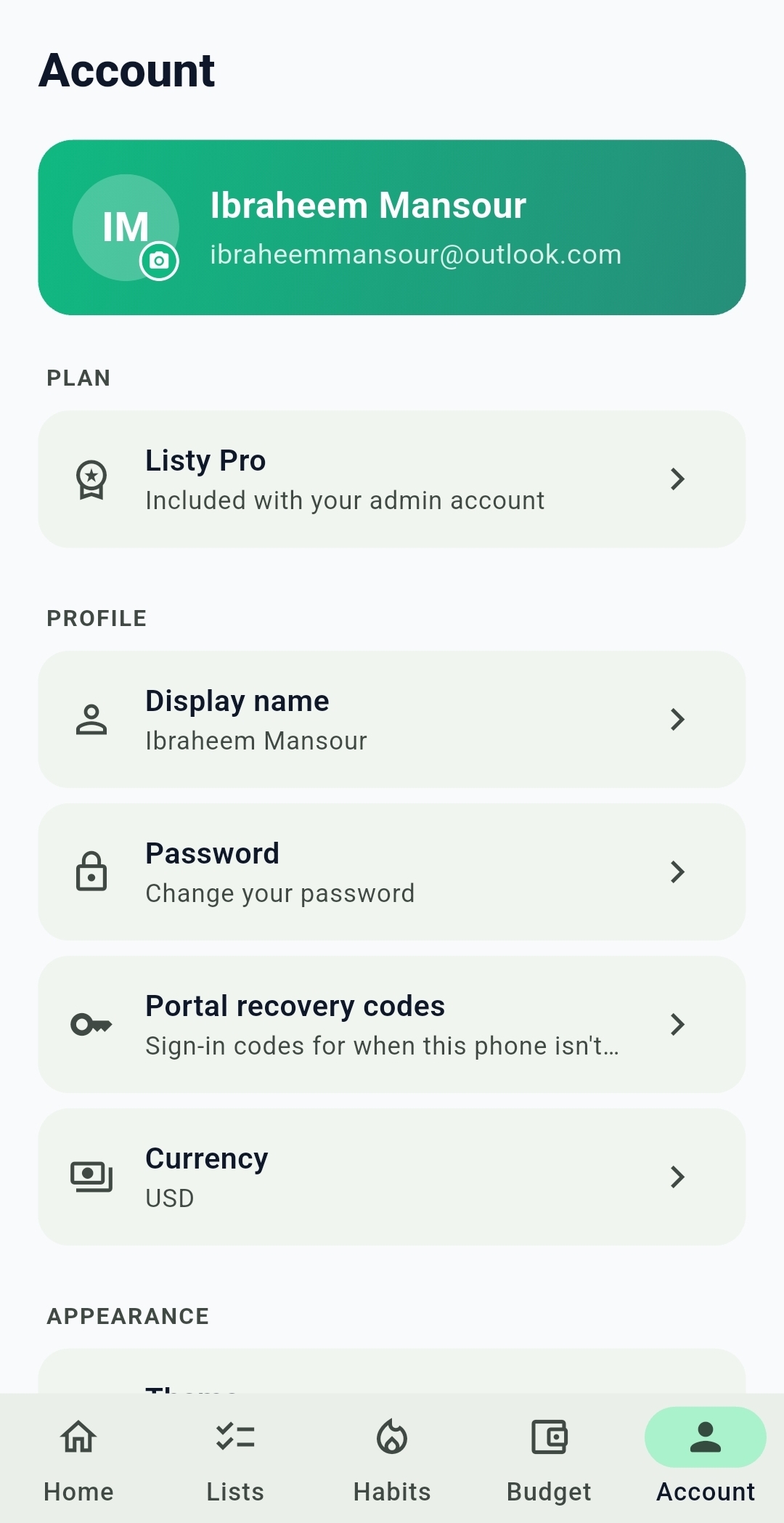 Listy account screen with profile, plan, currency and appearance settings
