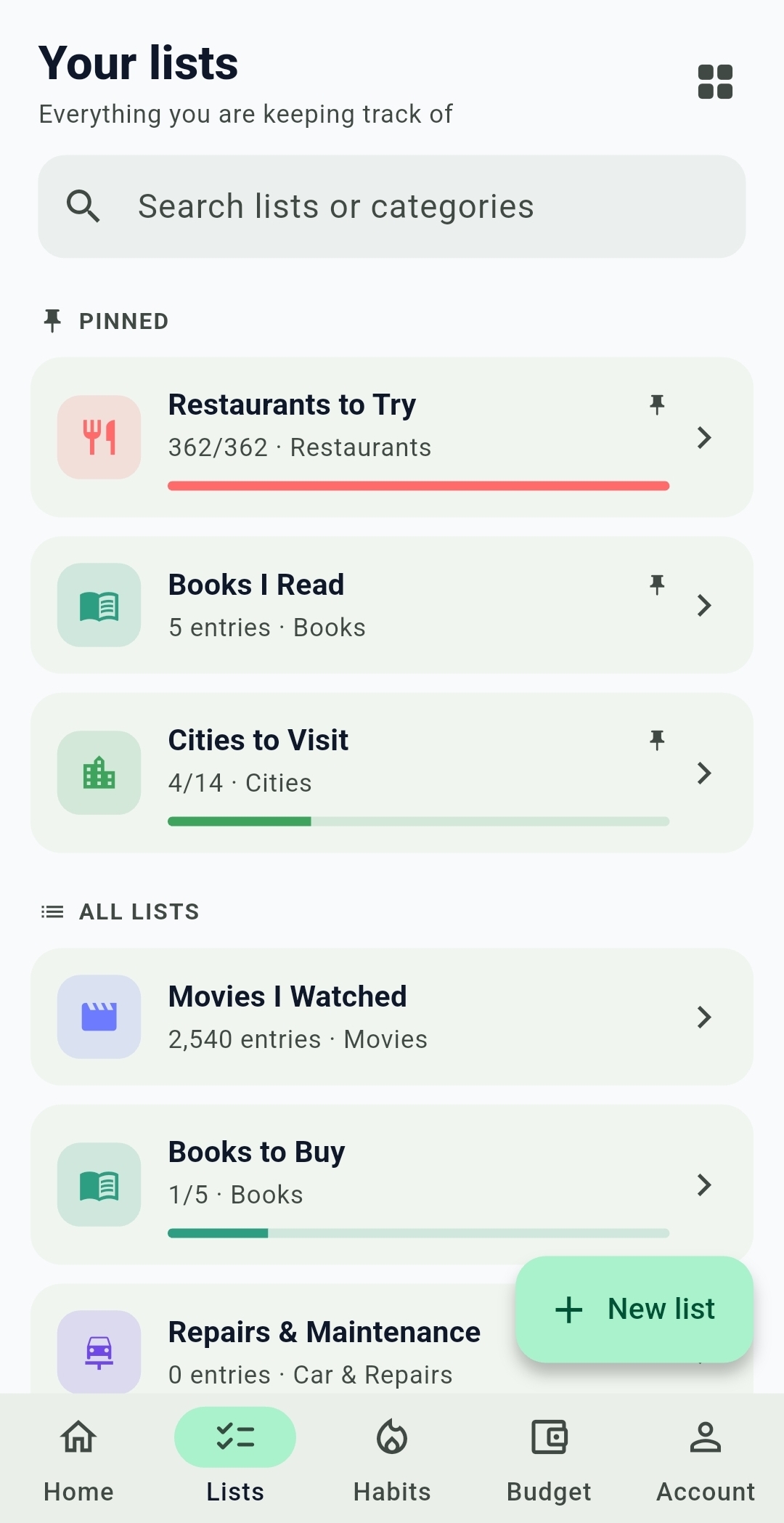 Listy lists screen with search, pinned lists and all lists with progress bars
