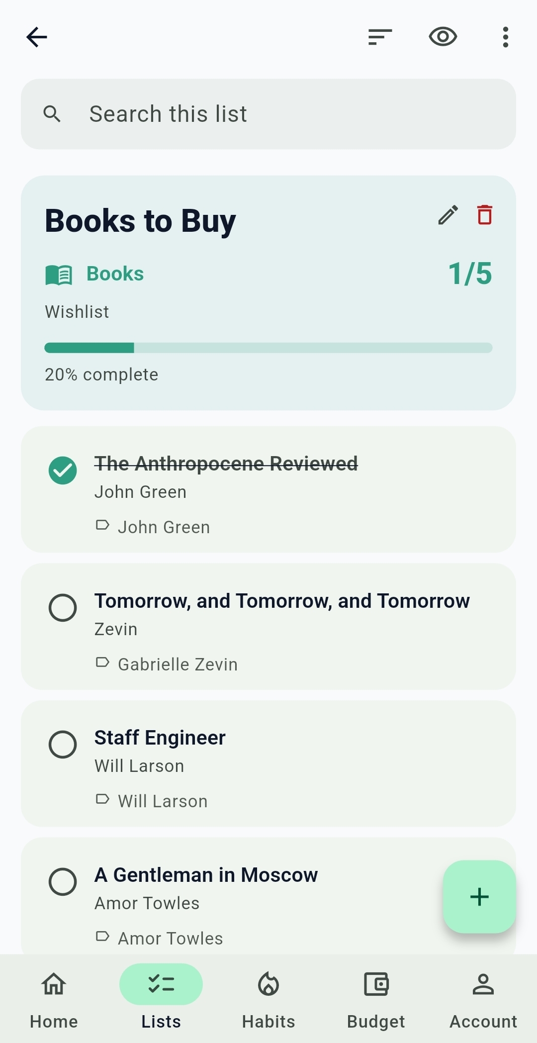 Listy wishlist of books to buy with a checkbox for each book