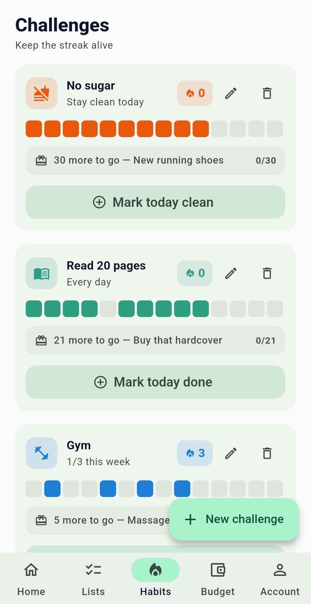 Listy habit challenges with streak trackers, rewards and a button to mark today done