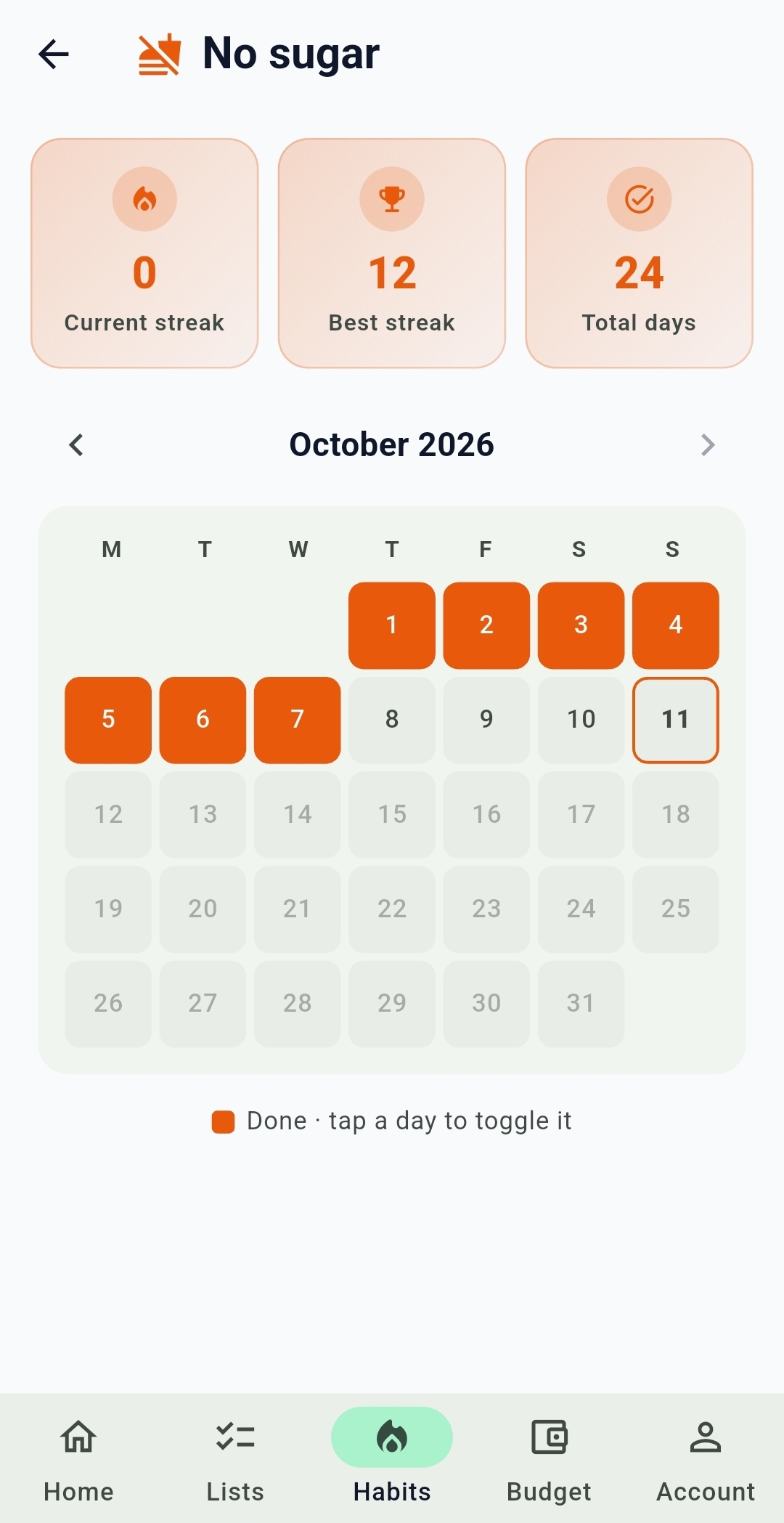 Listy challenge detail with current streak, best streak, total days and a monthly calendar