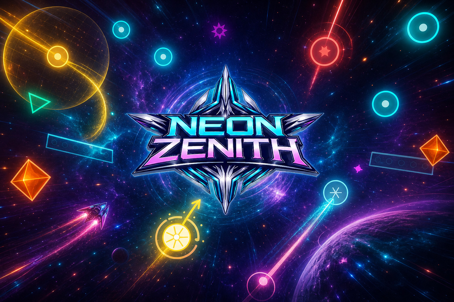 Neon Zenith key art: the Neon Zenith logo surrounded by glowing neon orbs and obstacles in space