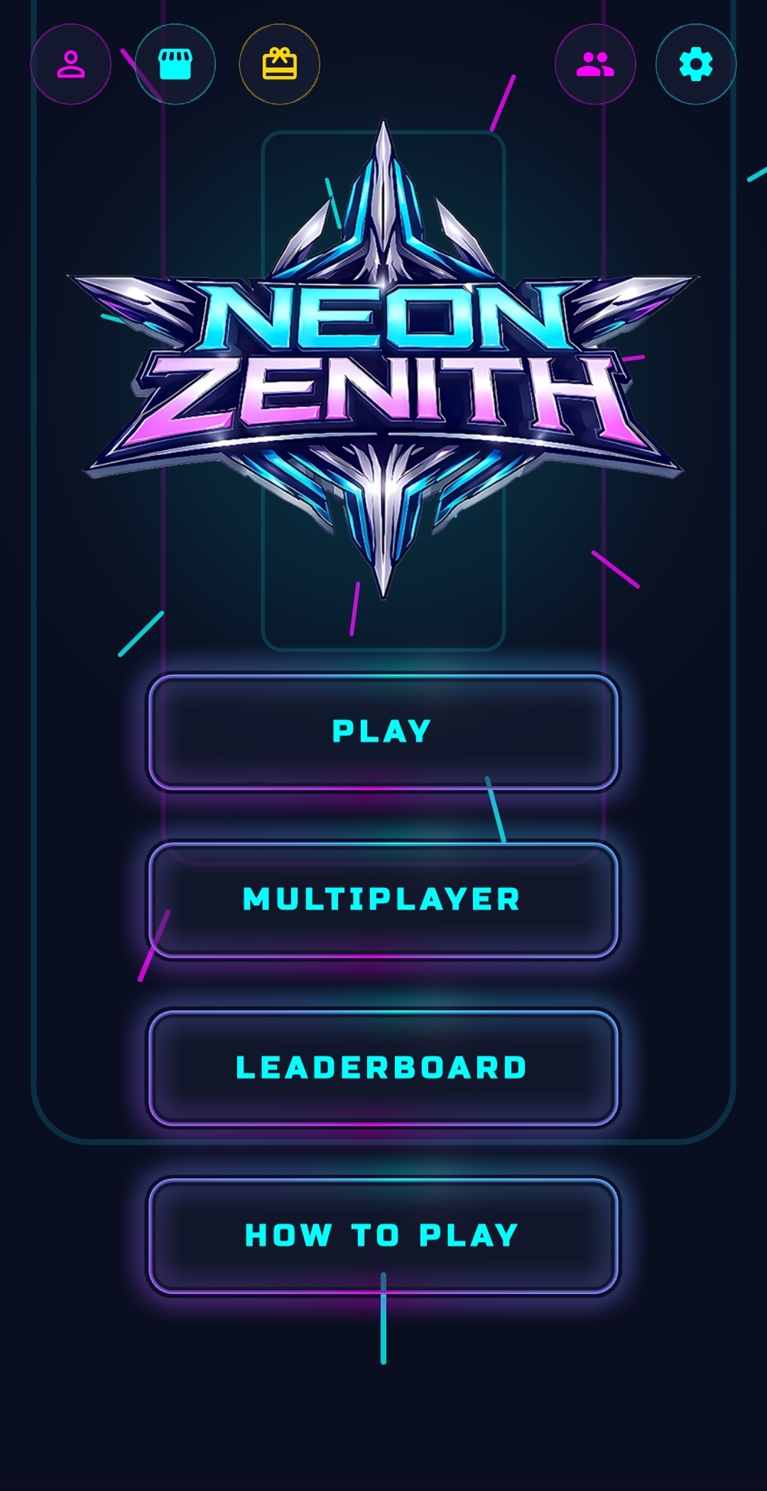 Neon Zenith main menu with Play, Multiplayer, Leaderboard and How to Play buttons