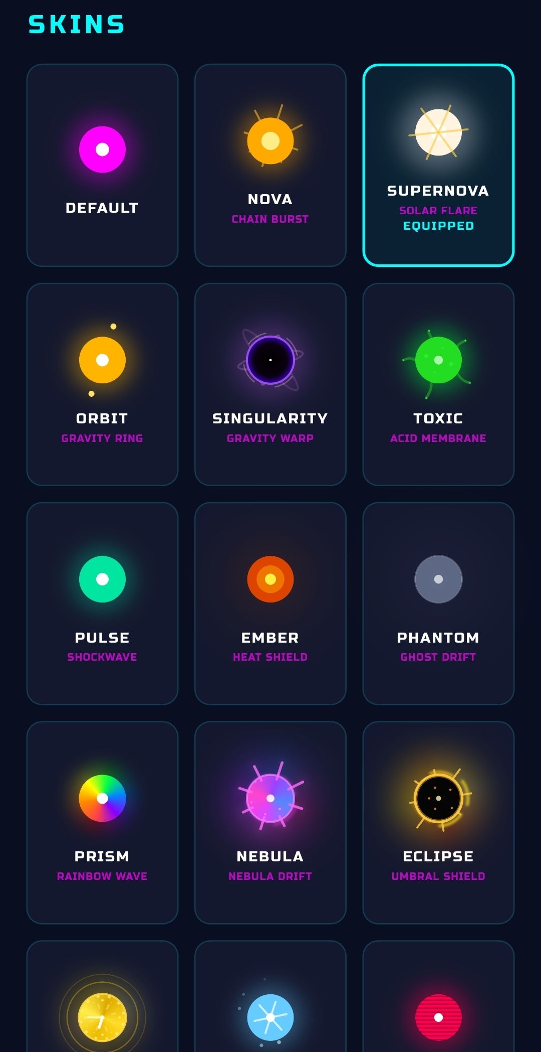 Neon Zenith skins screen showing Nova, Supernova, Orbit, Singularity, Toxic and more