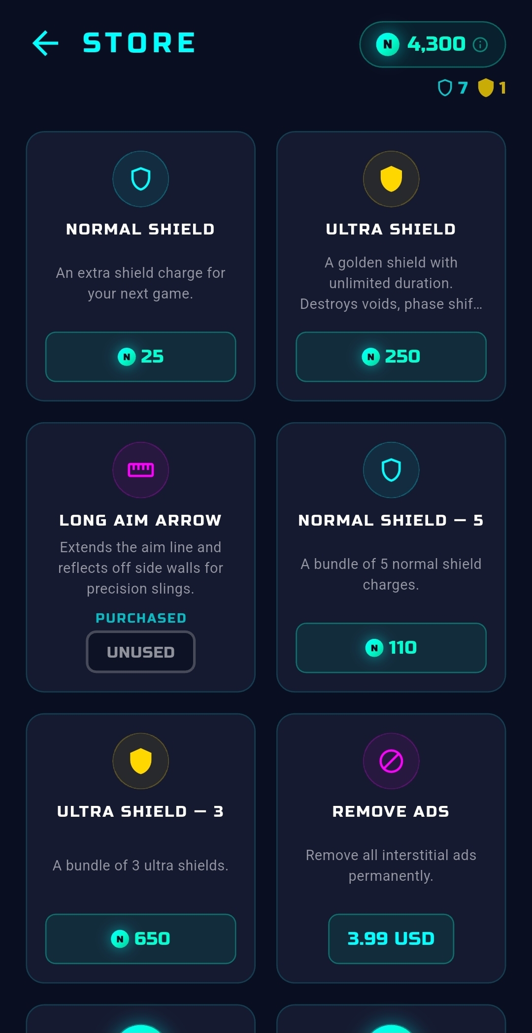 Neon Zenith store with shields, a long aim arrow and remove ads