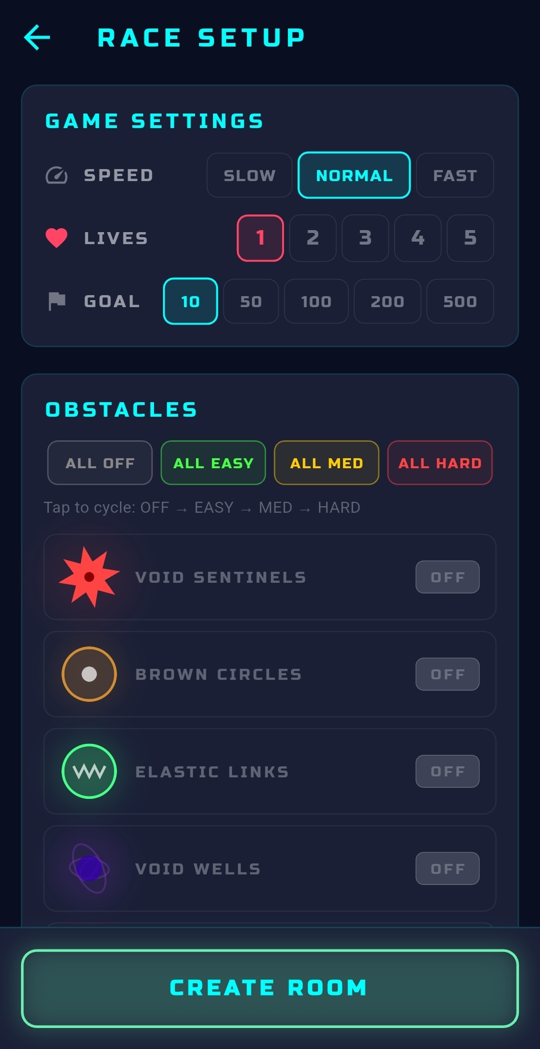 Neon Zenith race setup screen with speed, lives, goal and obstacle settings