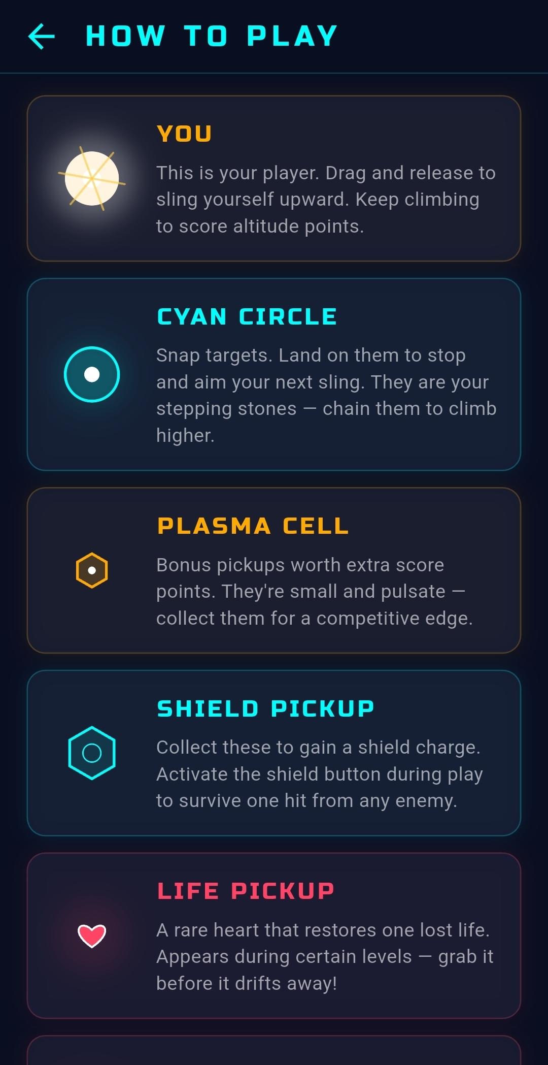 Neon Zenith how to play guide explaining the player, cyan circles, plasma cells and pickups