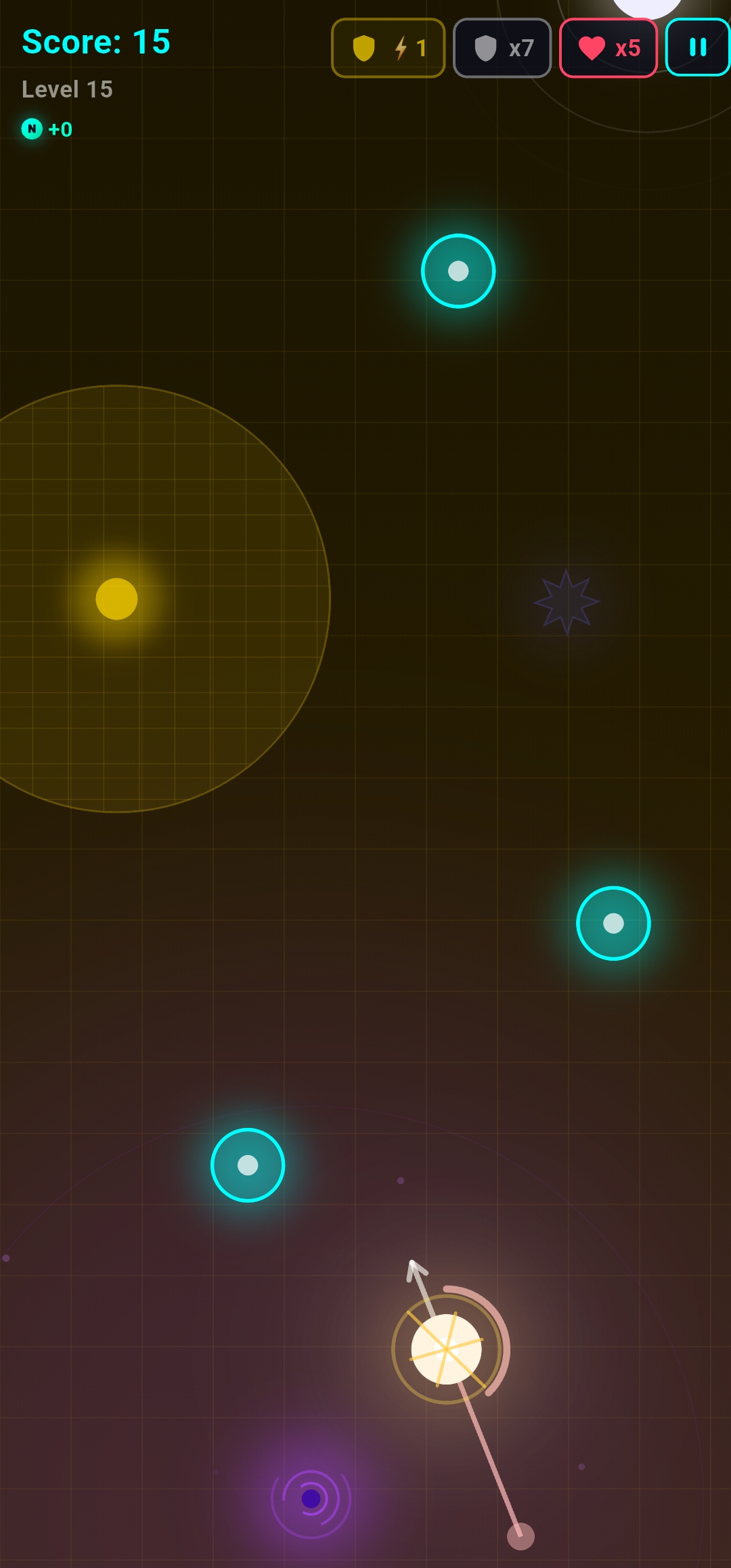 Neon Zenith gameplay: aiming the orb with the slingshot on level 15
