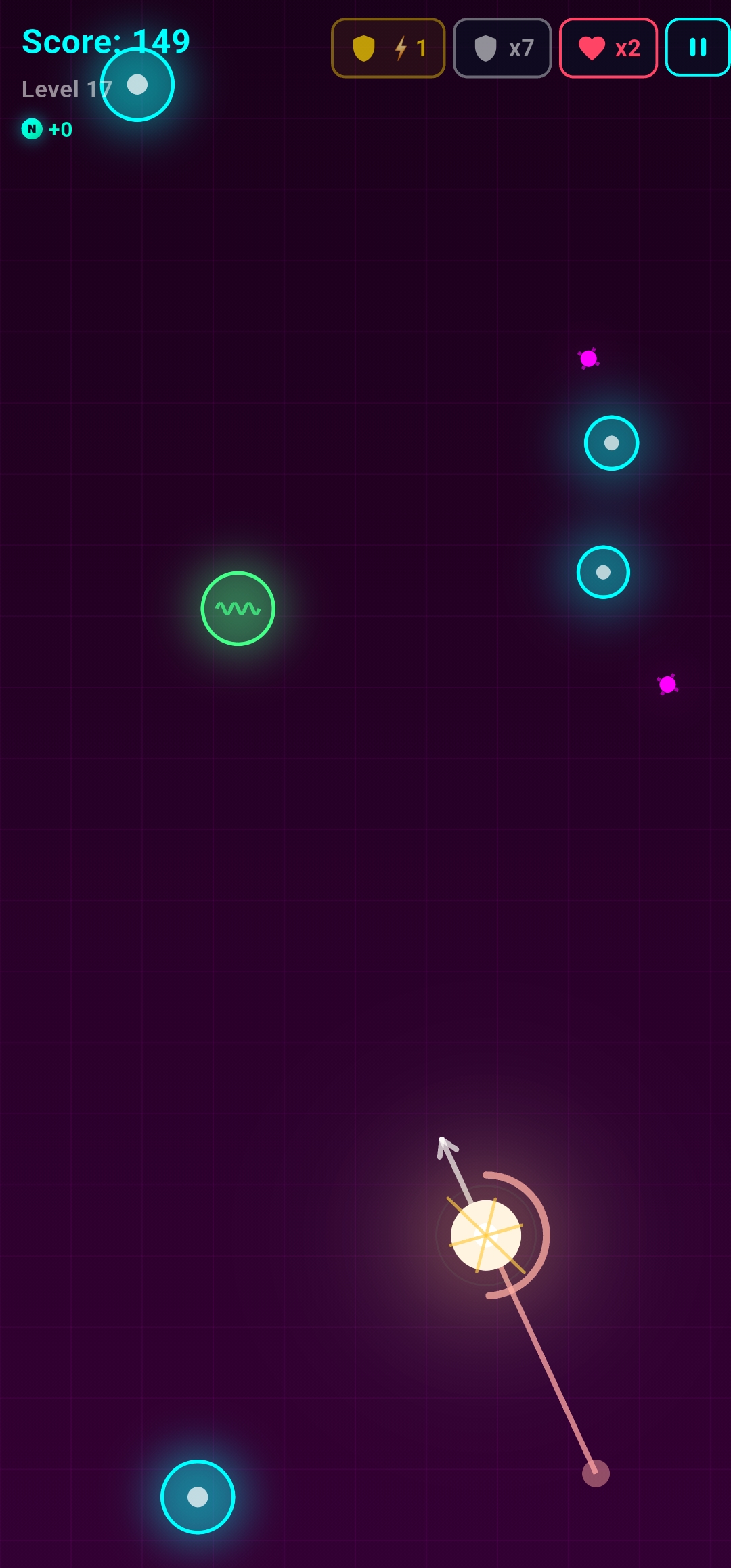 Neon Zenith gameplay on level 17 with an elastic link obstacle