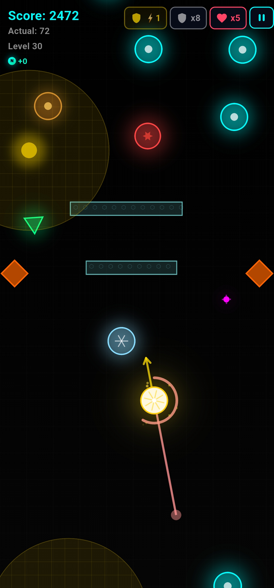 Neon Zenith gameplay on level 30 crowded with obstacles