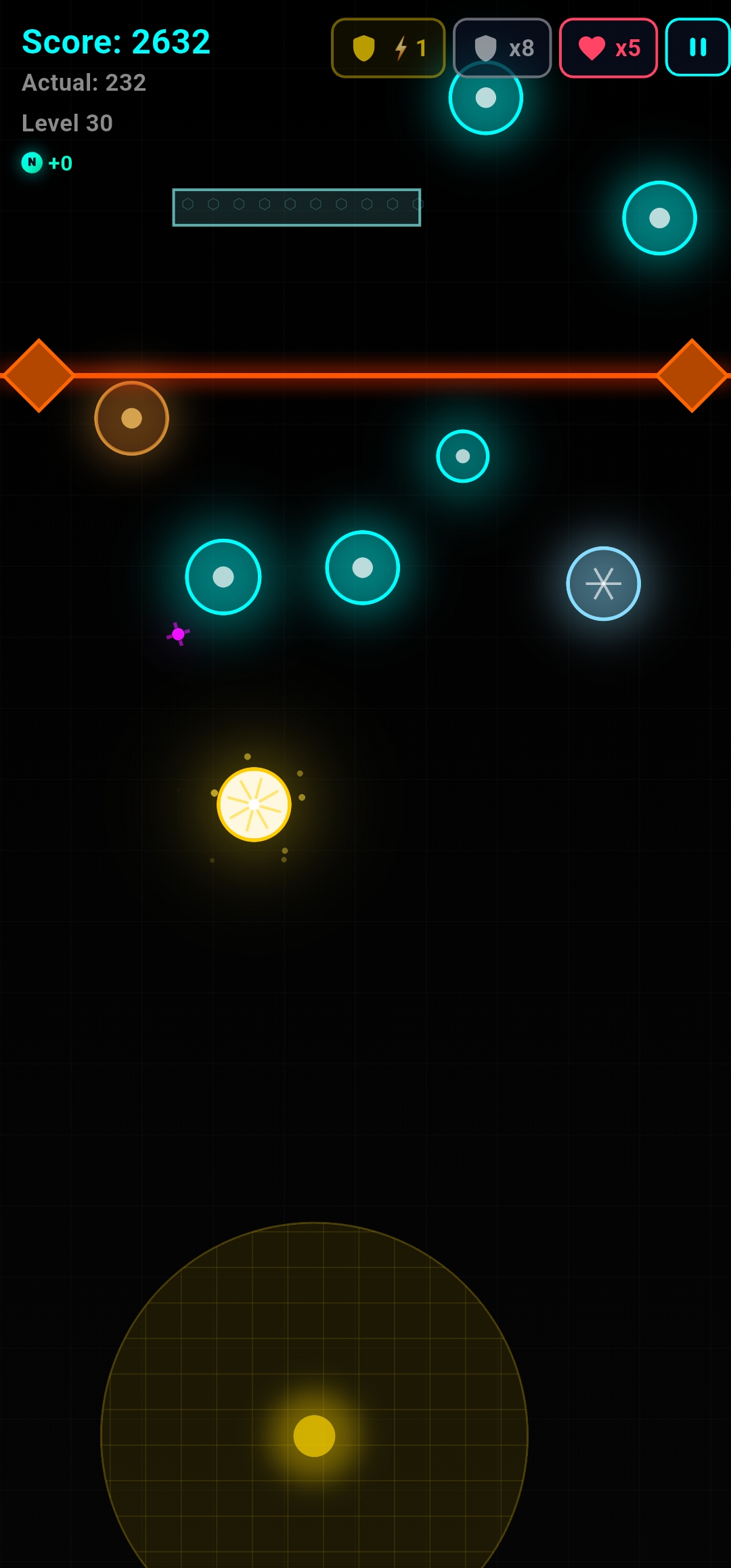 Neon Zenith gameplay with an orange laser barrier across the screen